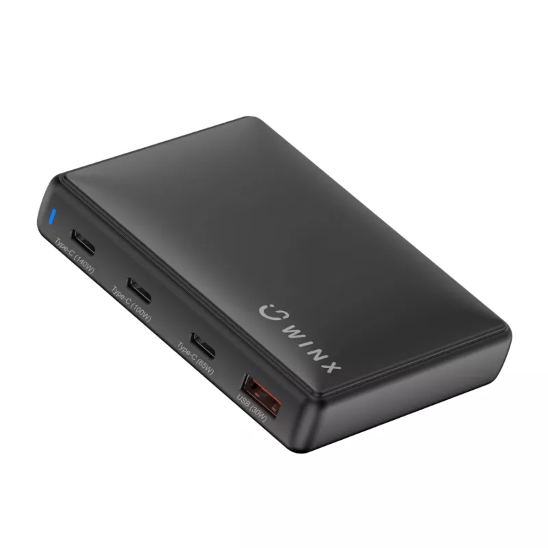 Carregador de secretária GaN WINX POWER Ultra 140W - 2x USB-C PD 100W + USB-A QC 22.5W, preto
