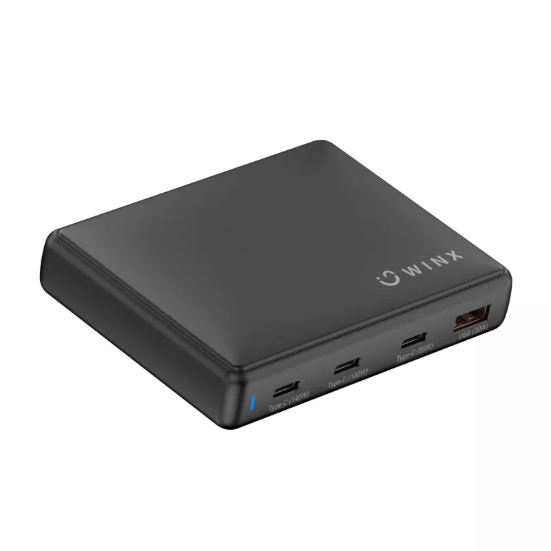 Carregador de secretária GaN WINX POWER Ultra 140W - 2x USB-C PD 100W + USB-A QC 22.5W, preto