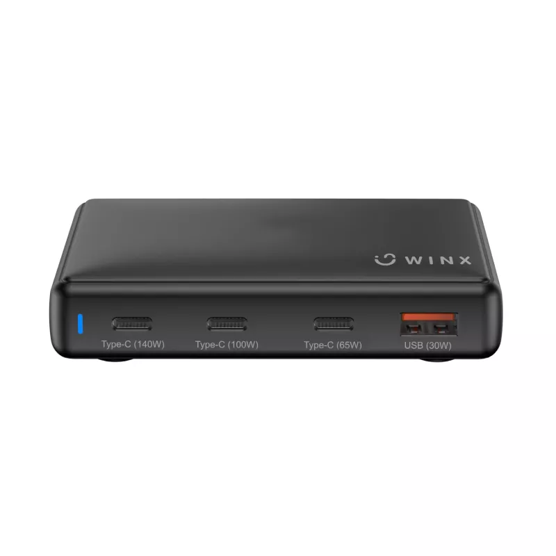 Carregador de secretária GaN WINX POWER Ultra 140W - 2x USB-C PD 100W + USB-A QC 22.5W, preto