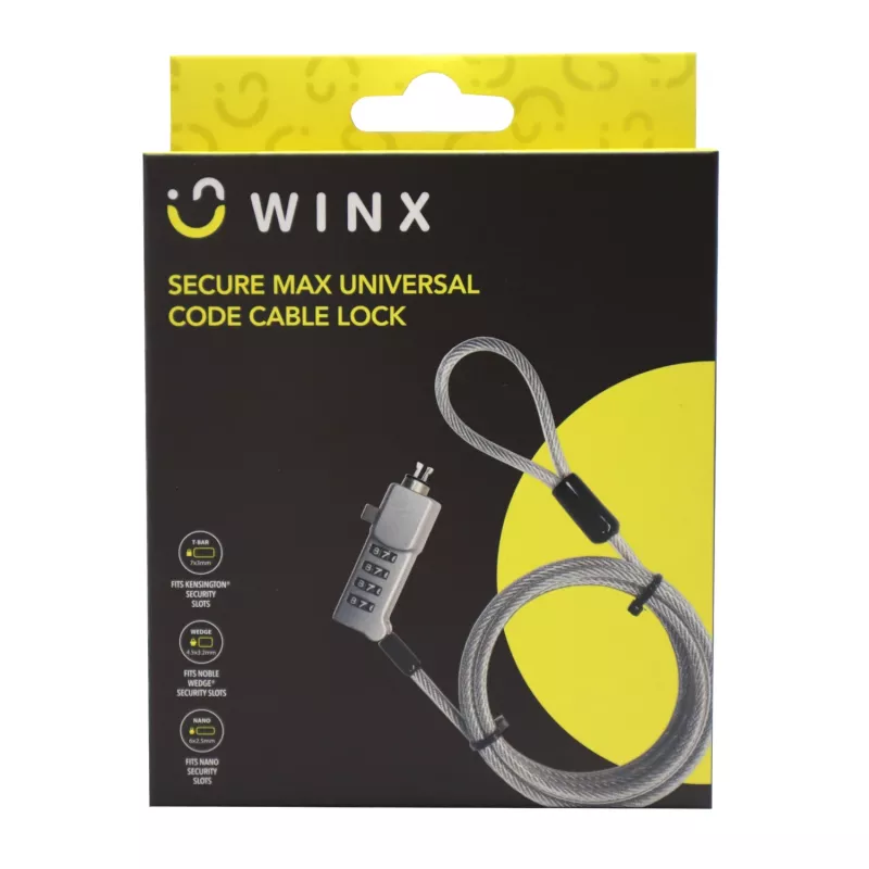 Cabo de segurança com código universal WINX Secure Max - fechadura de combinação de 4 dígitos redefinível, aço entrançado, 1,8 m, preto/prateado