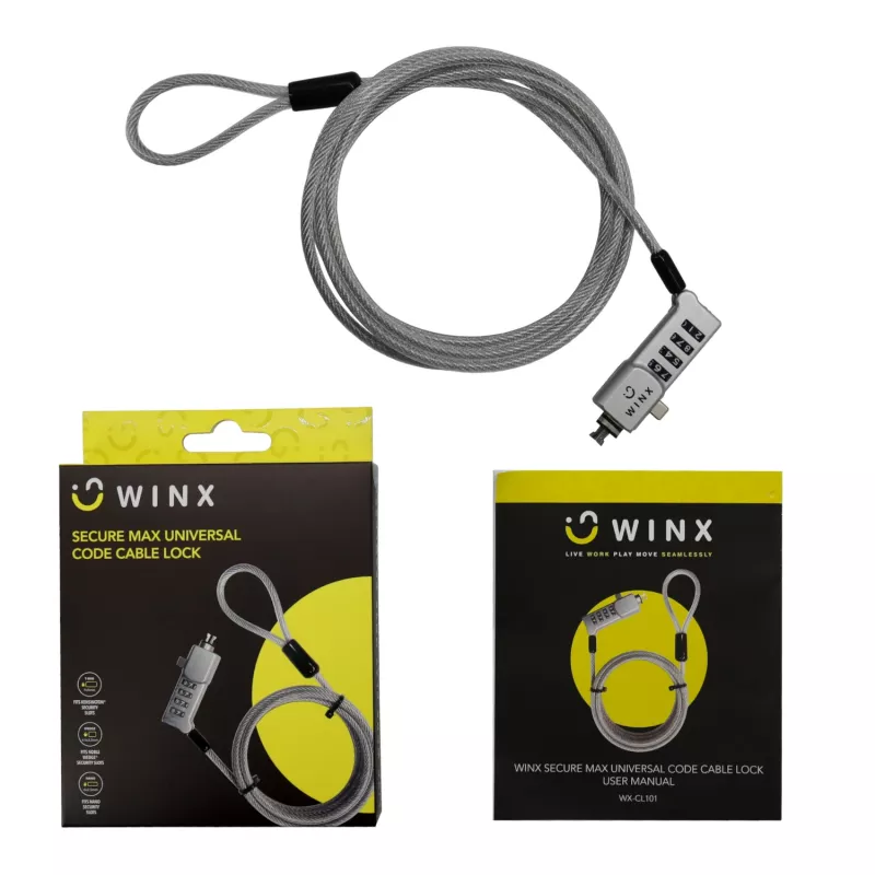 Cabo de segurança com código universal WINX Secure Max - fechadura de combinação de 4 dígitos redefinível, aço entrançado, 1,8 m, preto/prateado