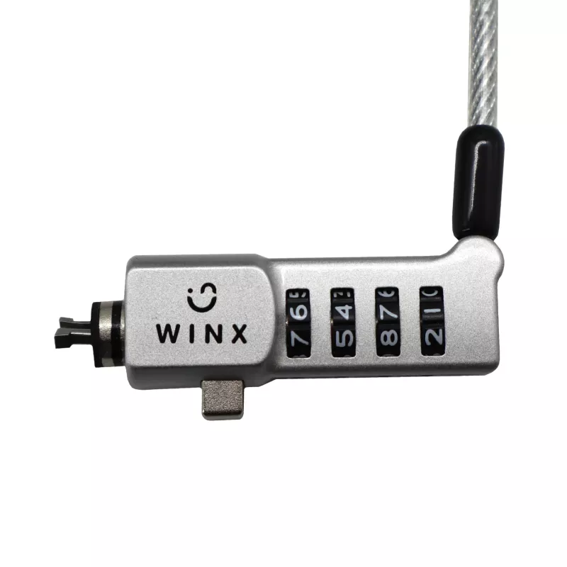 Cabo de segurança com código universal WINX Secure Max - fechadura de combinação de 4 dígitos redefinível, aço entrançado, 1,8 m, preto/prateado