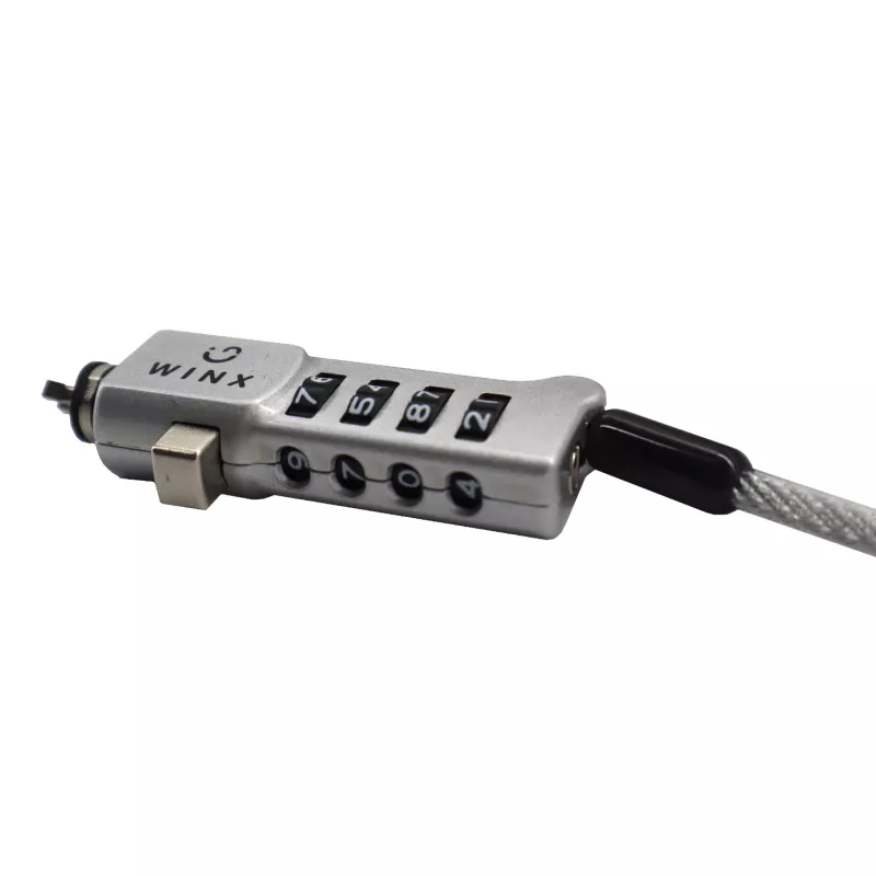 Cabo de segurança com código universal WINX Secure Max - fechadura de combinação de 4 dígitos redefinível, aço entrançado, 1,8 m, preto/prateado