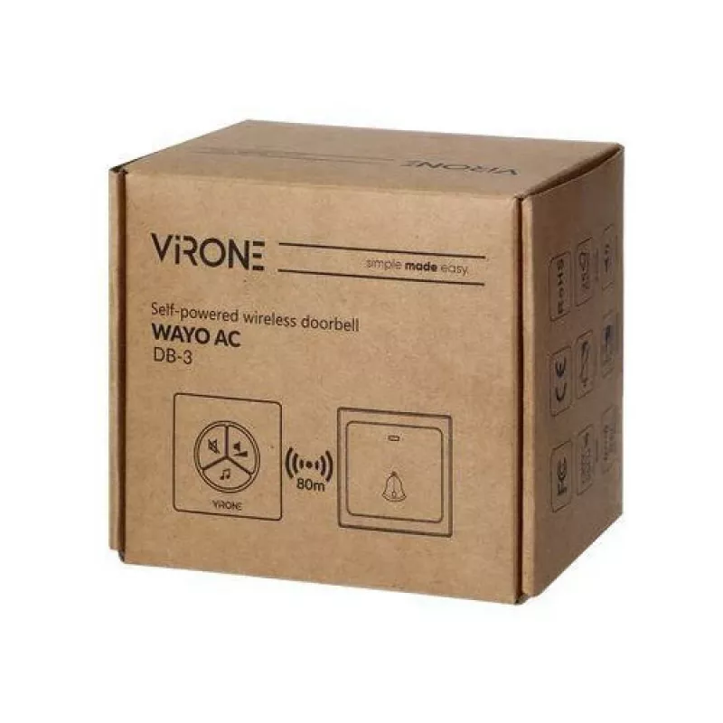 Campainha Sem Fios VIRONE DB-3 com Botão sem Pilhas, Emissor Autoaprendiz, 80 m