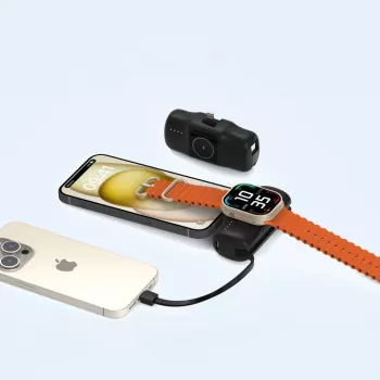 Wozinsky WF16-YLS Mini Power Bank 5000mAh 15W com cabo USB-C integrado e carregador Apple Watch - Preto