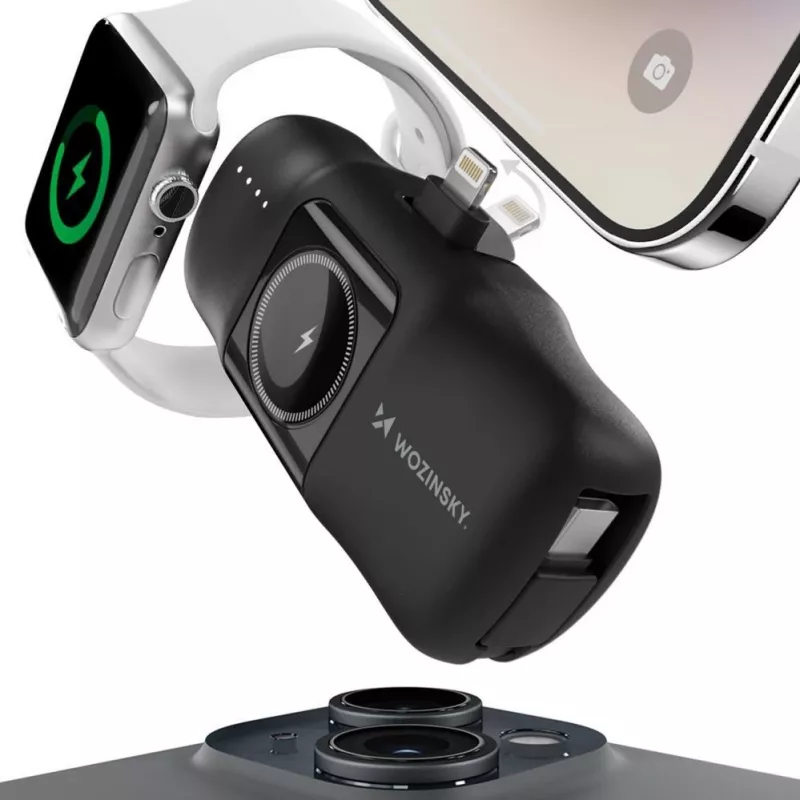 Wozinsky WF16-YLS Mini Power Bank 5000mAh 15W com cabo USB-C integrado e carregador Apple Watch - Preto