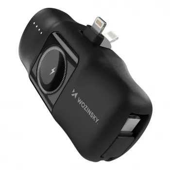 Wozinsky WF16-YLS Mini Power Bank 5000mAh 15W com cabo USB-C integrado e carregador Apple Watch - Preto