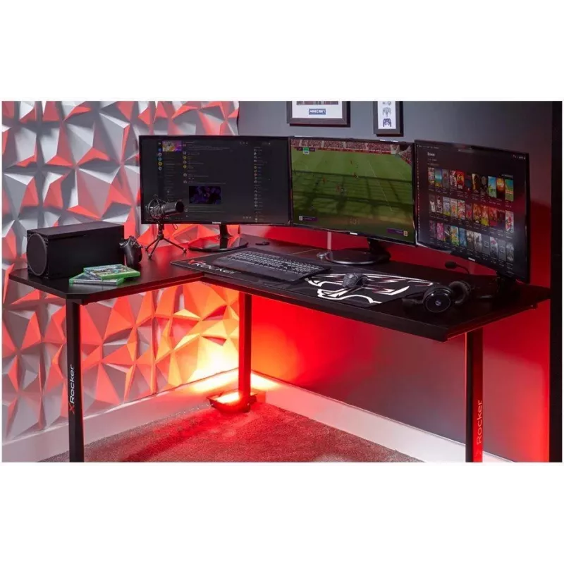 X Rocker 2022068 Secretária de gaming de canto em L com iluminação LED RGB, aspeto de fibra de carbono, Preto