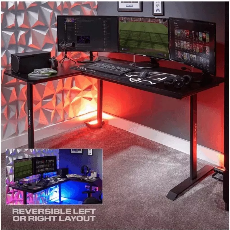 X Rocker 2022068 Secretária de gaming de canto em L com iluminação LED RGB, aspeto de fibra de carbono, Preto