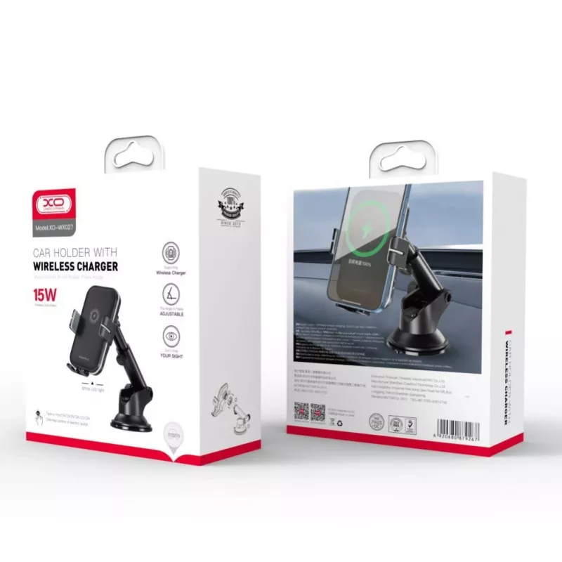 Suporte de carro XO WX027 com carregador por indução sem fios preto 15W com ventosa
