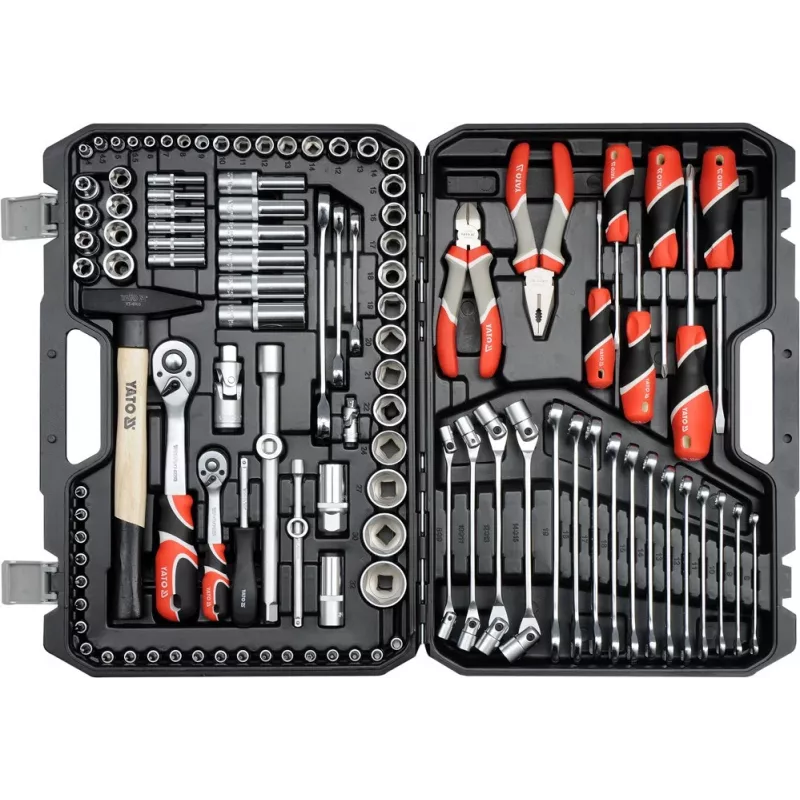 Yato YT-38891 Conjunto de ferramentas de mecânico de 216 peças com roquetes de 1/4 inch, 3/8 inch e 1/2 inch, chaves de caixa, chaves, pontas e chaves Allen em mala de plástico