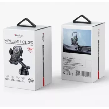 Suporte de carregamento sem fios para carro com ventosa YESIDO 15W preto