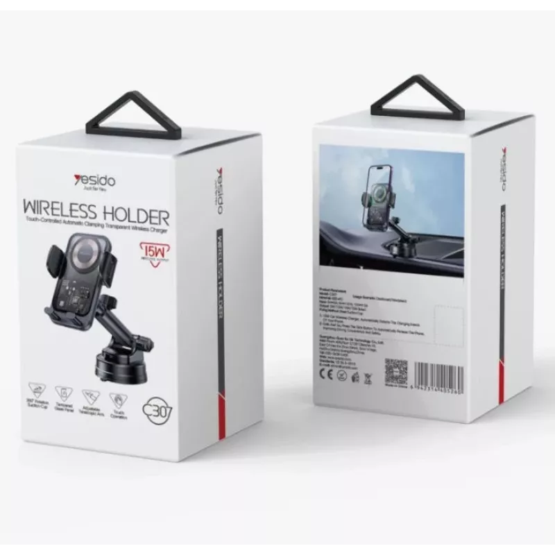 Suporte de carregamento sem fios para carro com ventosa YESIDO 15W preto