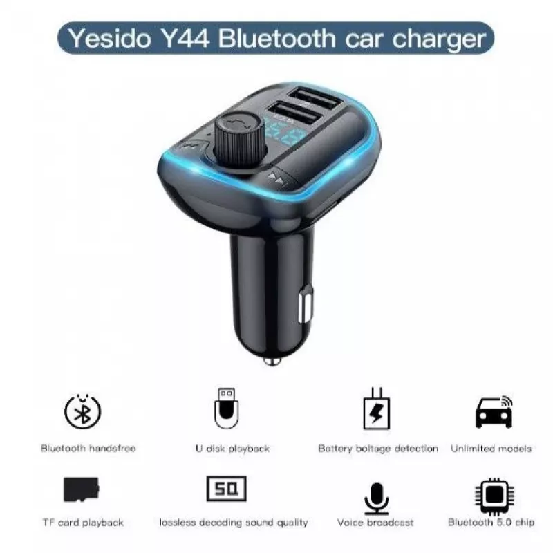 YESIDO Y44 Leitor MP3 Carregador de automóvel Bluetooth, 2 USB, preto