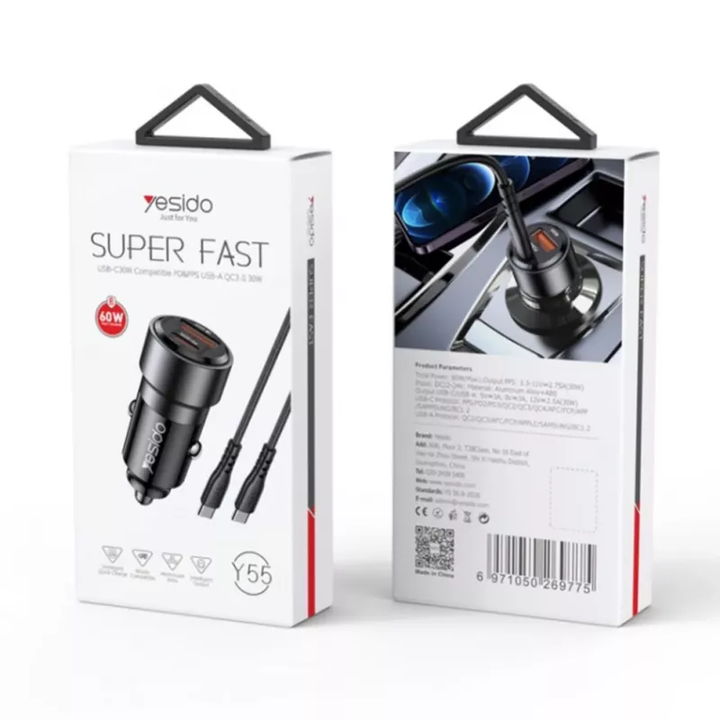 Carregador de carro YESIDO Y55 60W com carregamento rápido e cabo USB-C para USB-C, preto