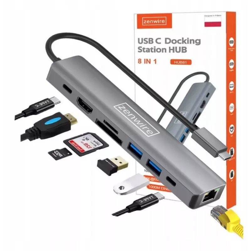 ZENWIRE HUB81 Adaptador multiporta USB-C 8 em 1 HDMI 2.0 4K 60Hz Gigabit Ethernet 1000Mbps