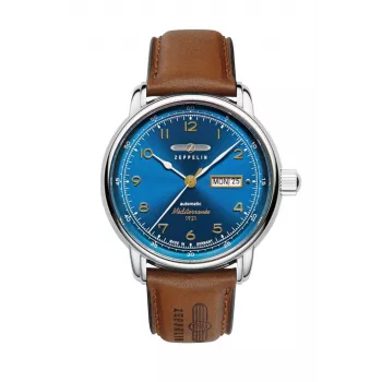 Zeppelin Mediterranee 96643 Relógio de quartzo para homem, 40mm, mostrador azul, bracelete de pele azul