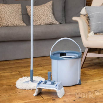 YORK Rotary MOP SPECIAL conjunto de limpeza de chão com espremedor de pedal, balde 12L, cabo telescópico, 2 cabeças de microfibra