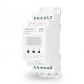 MiBoxer D4-T descodificador LED DMX512/RDM-LE de 4 canais, calha DIN, 12–48 V, 20 A