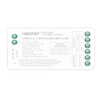 MiBoxer LC2-WR Controlador LED de 2 fios, Wi-Fi + 2,4 GHz, 12–48 V, 10 A