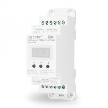 MiBoxer D5-T Descodificador LED 5 canais DMX512/RDM-LE, calha DIN, 12–48 V, 20 A
